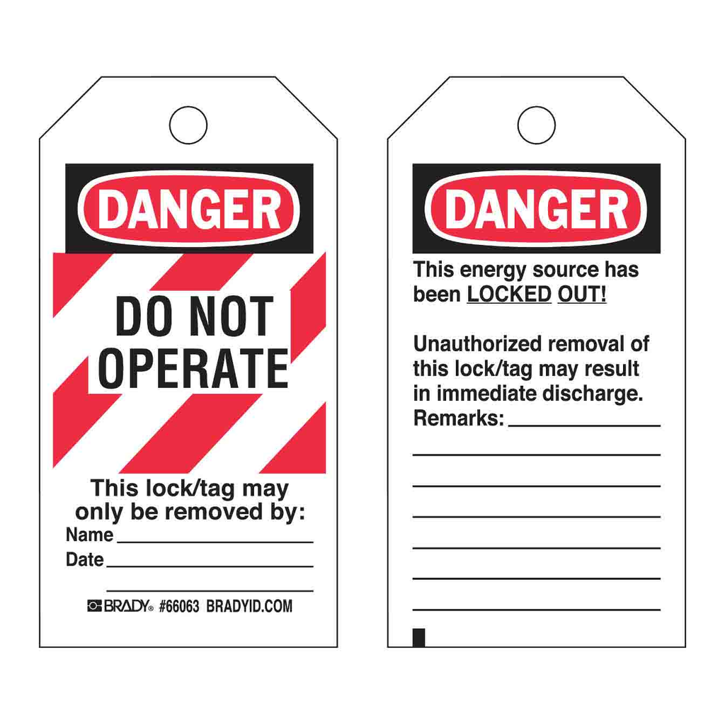 Brady DANGER Do Not Operate Energy Source Lockout Tagout Tags