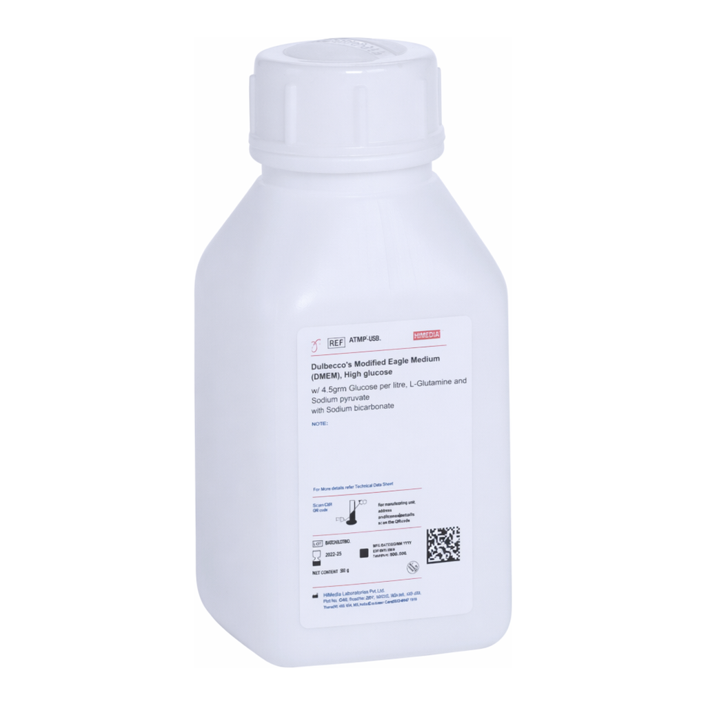 Himedia Dulbecco`s Modified Eagle Medium (DMEM), High glucose w/ 4.5gms Glucose per litre and Sodium pyruvate w/o L-Glutamine, Sodium bicarbonate and Phenol red