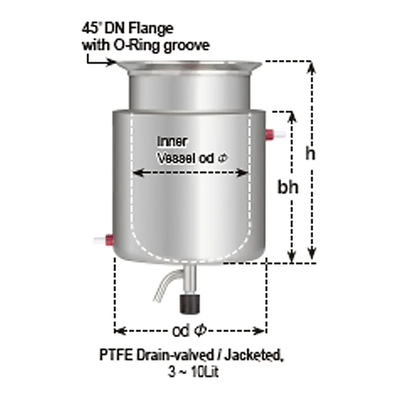 Daihan Science 3~10Lit Stainless-steel Drain Valved·Jacketed Reaction Vessel, Round Bottom, 45°