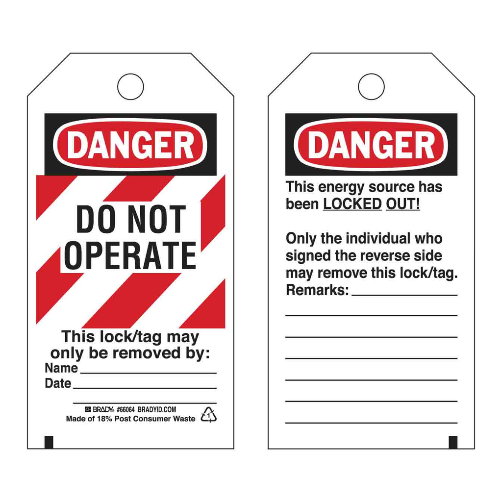 Brady DANGER Do Not Operate Energy Source Lockout Tagout Tags