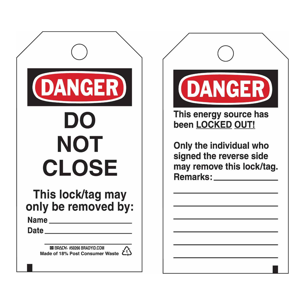 Brady DANGER Do Not Close Energy Source Lockout Tagout Tags