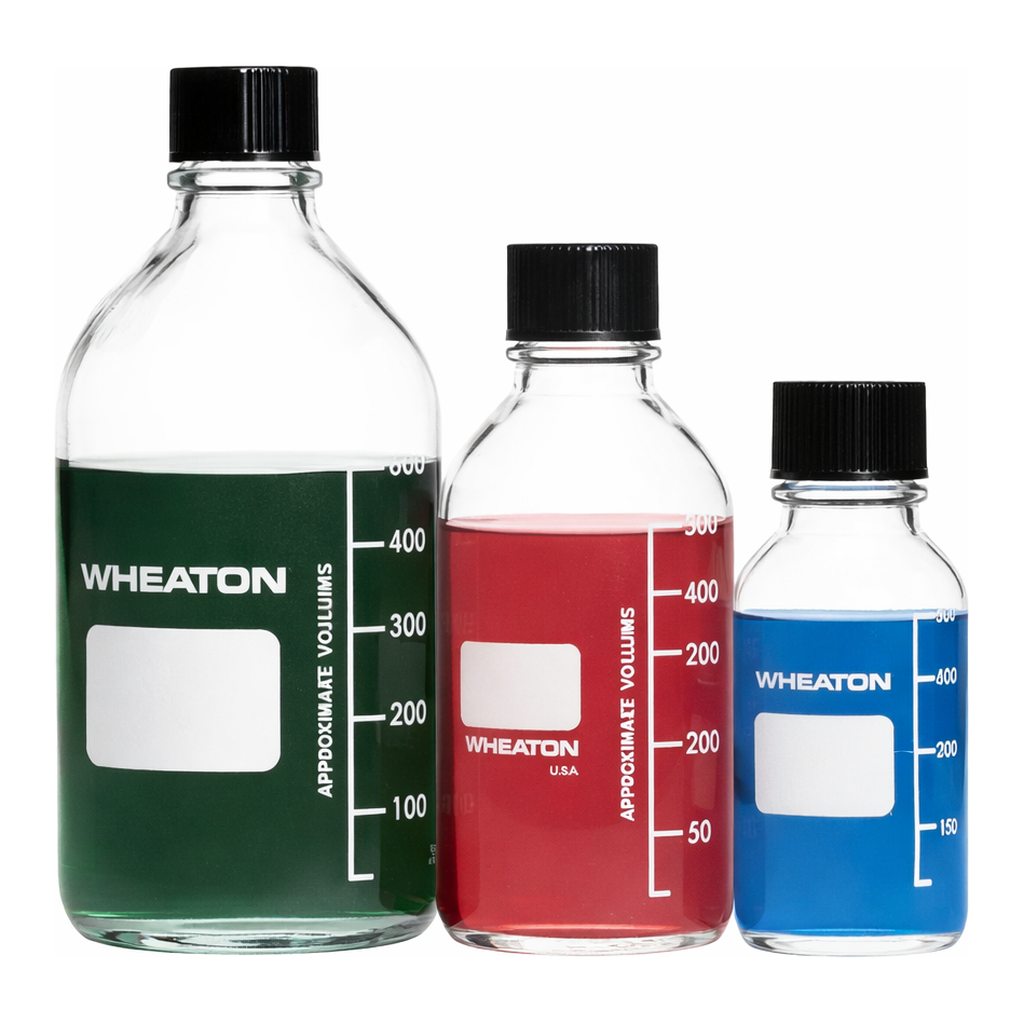 Thermo Fisher Scientific Wheaton Graduated Media/Lab Bottles: Amber Glass, With PTFE-Faced, Rubber-Lined Phenolic Cap (Autoclavable)