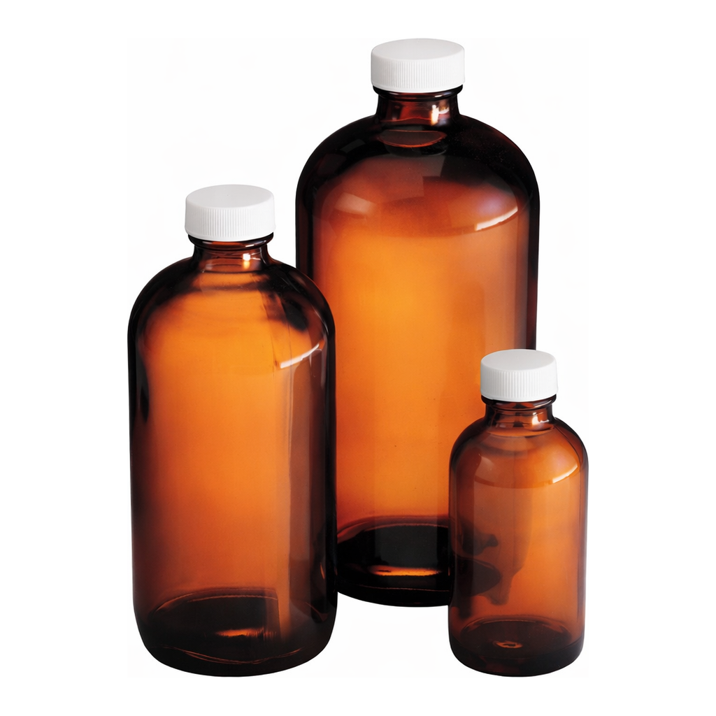 Thermo Fisher Scientific Amber Boston Round Bottles with White Polypropylene PE Foam/PTFE Cap