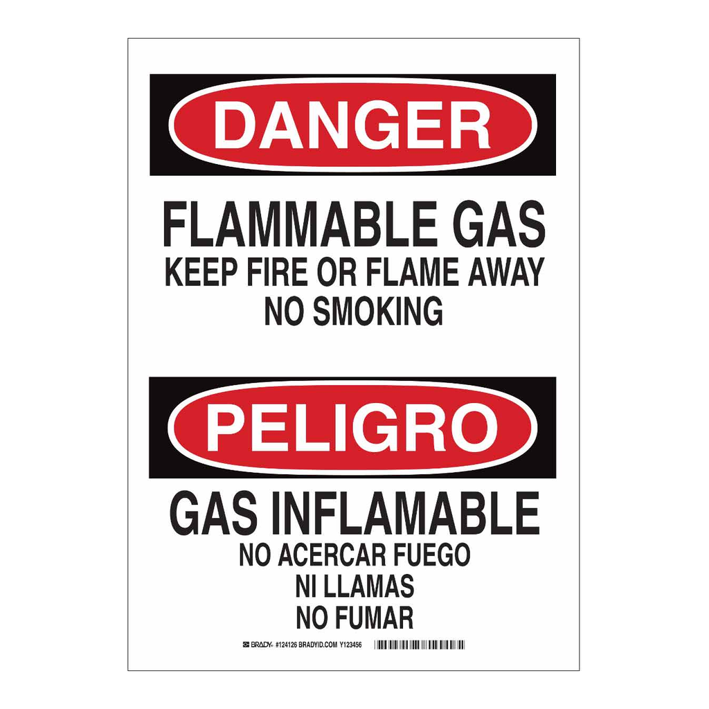 Brady Bilingual DANGER Flammable Gas Keep Fire Or Flame Away No Smoking Sign