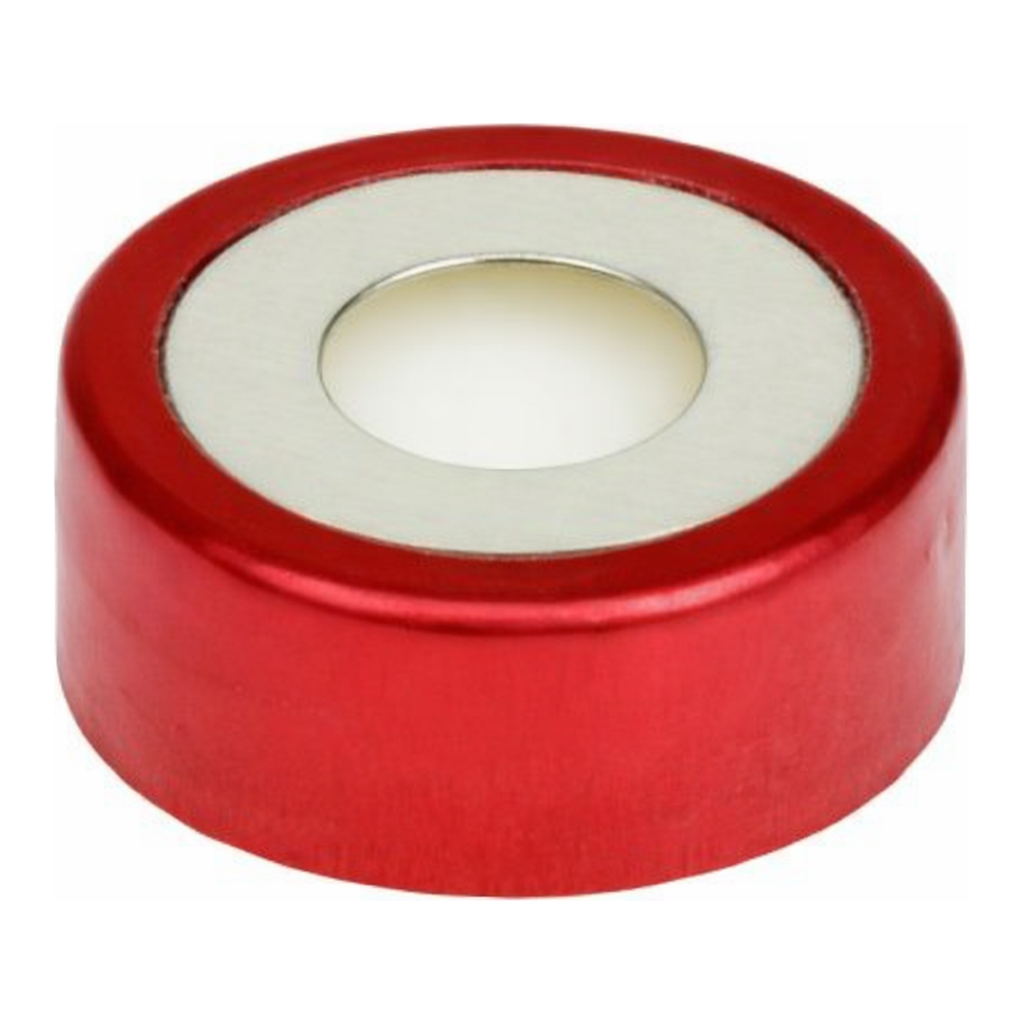 Restek 20mm Magnetic Crimp Cap, Red Bi-Metal, 3mm PTFE/Silicone Septum w/8mm Hole, 100-pk