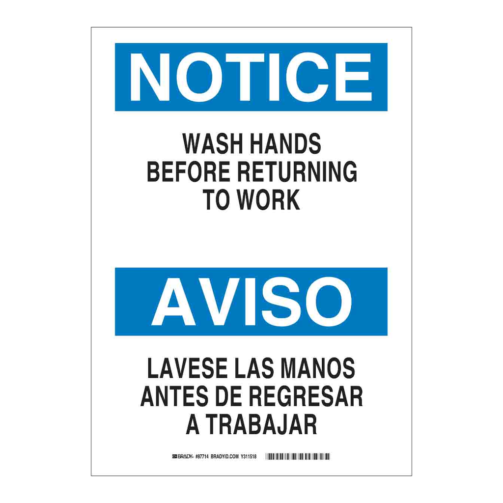 Brady Bilingual NOTICE Wash Hands Before Returning To Work Sign