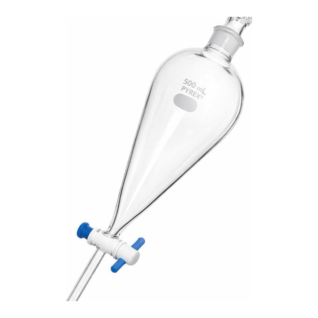Merck Pyrex(R) Squibb separatory funnel, Pyrex jointed stopper, PTFE stopcock