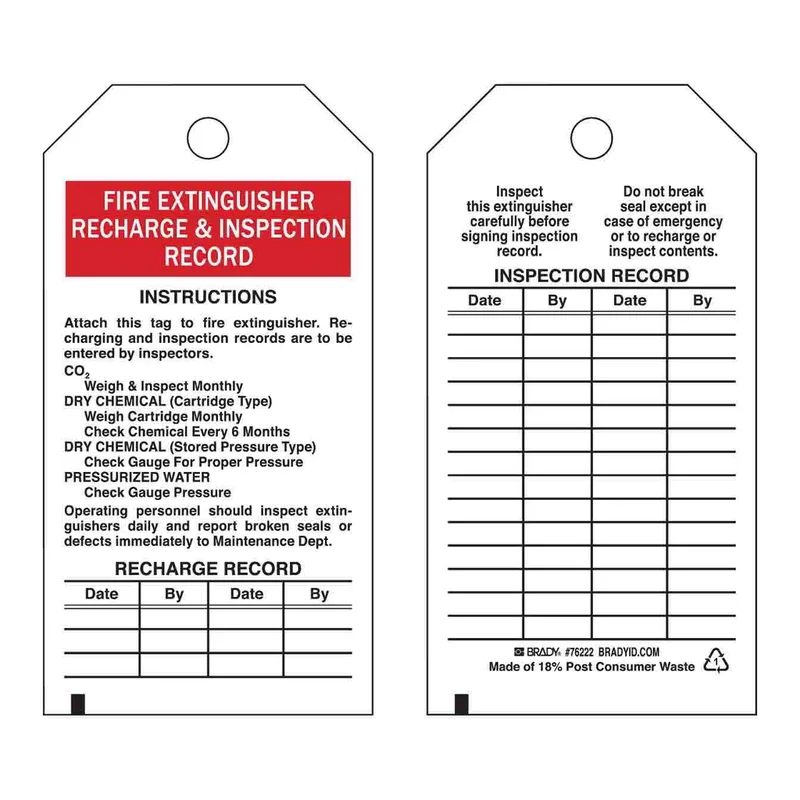 Brady Fire Extinguisher Recharge and Inspection Record Tags