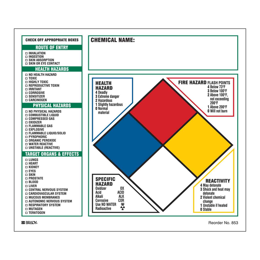Brady Chemical Hazard Check and NFPA Hazard Rating Labels
