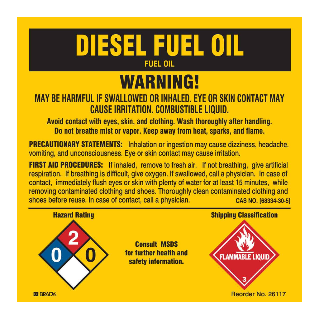 Brady Diesel Fuel Oil Hazard Rating and Shipping Classification Labels