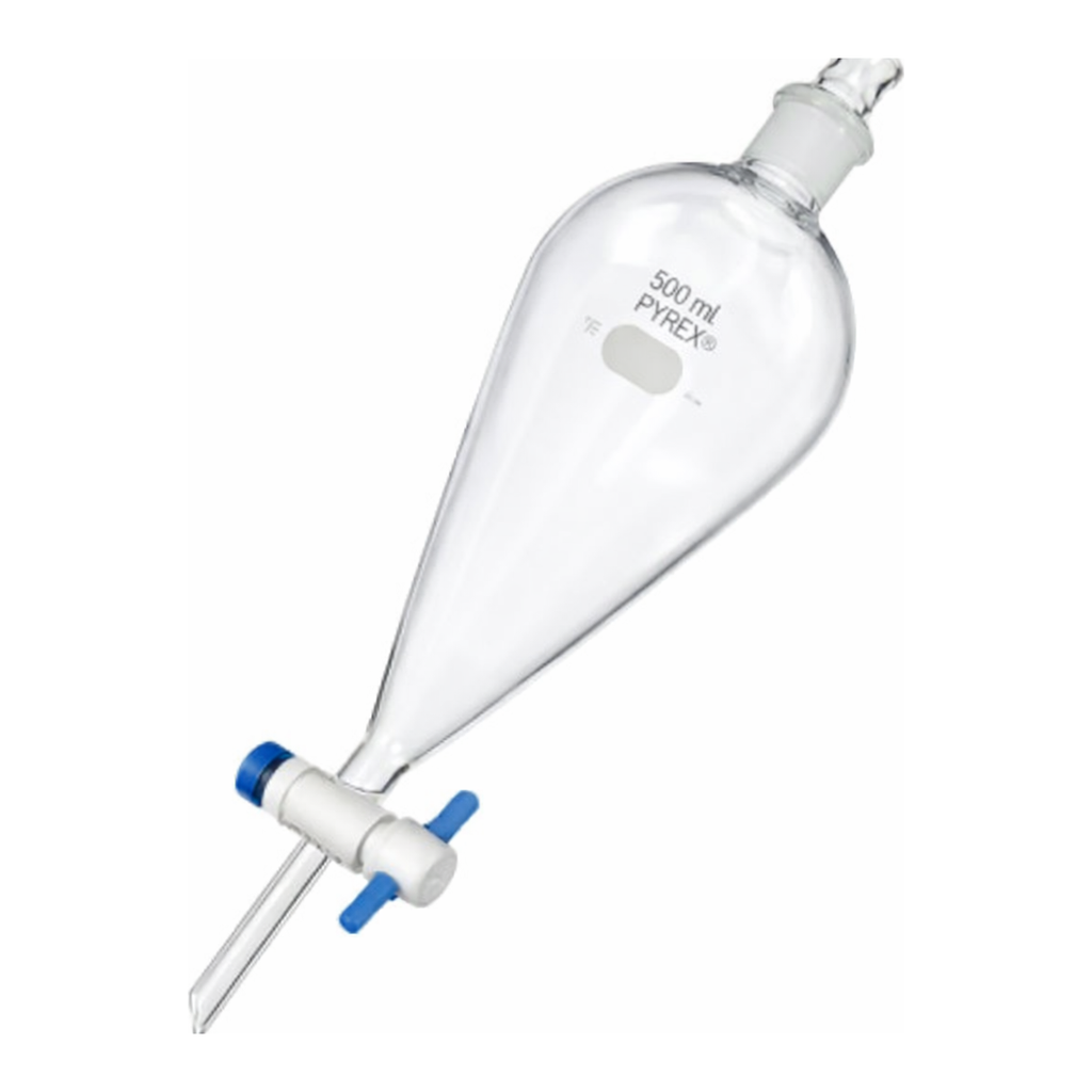 Merck Pyrex(R) Squibb separatory funnel, Pyrex jointed stopper, PTFE stopcock