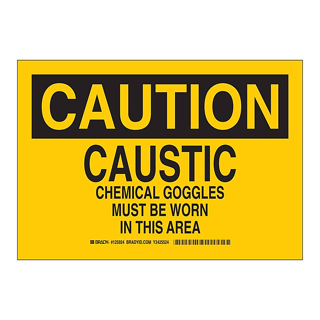 Thermo Fisher Scientific Aluminum Sign: CAUTION - CAUSTIC. CHEMICAL GOGGLES MUST BE WORN IN THIS AREA.