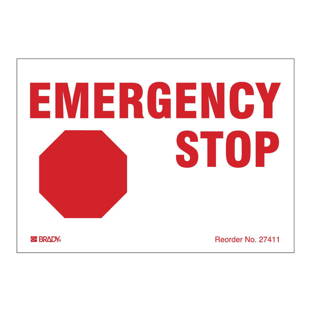 Brady EMERGENCY STOP, 3.5" H x 5" W, Red on White, Pack of 8 Labels