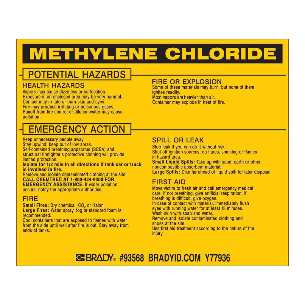 Brady METHYLENE CHLORIDE (DICHLOROMETHANE) Labels