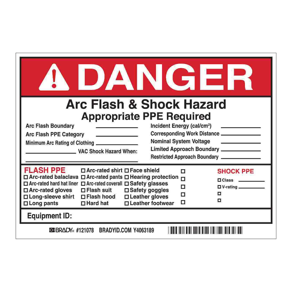 Brady DANGER Arc Flash Boundary Arc Flash PPE Category Minimum Arc Rating Of Clothing VAC Shock Labels