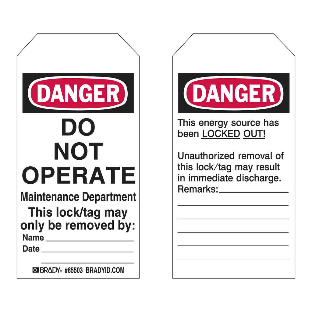 Brady DANGER Do Not Operate Maintenance Department Lockout Tagout Tags