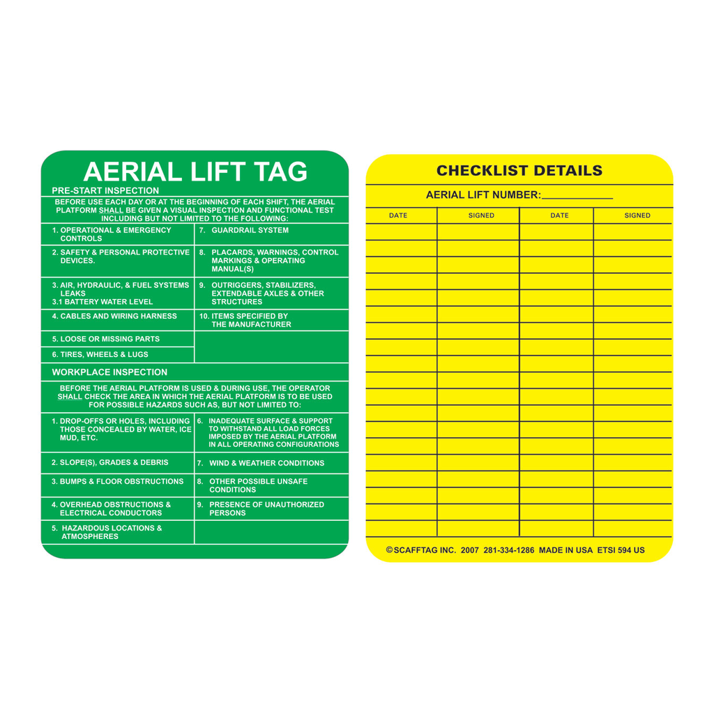 Brady ENTRYTAG Inserts: AERIAL LIFT TAG: PRE-START INSPECTION…