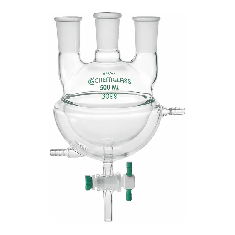 3-Neck Heavy-wall Jacketed Round Bottom Flask with PTFE Stopcock 3구 헤비월 자켓식 환저 플라스크, PTFE 콕크