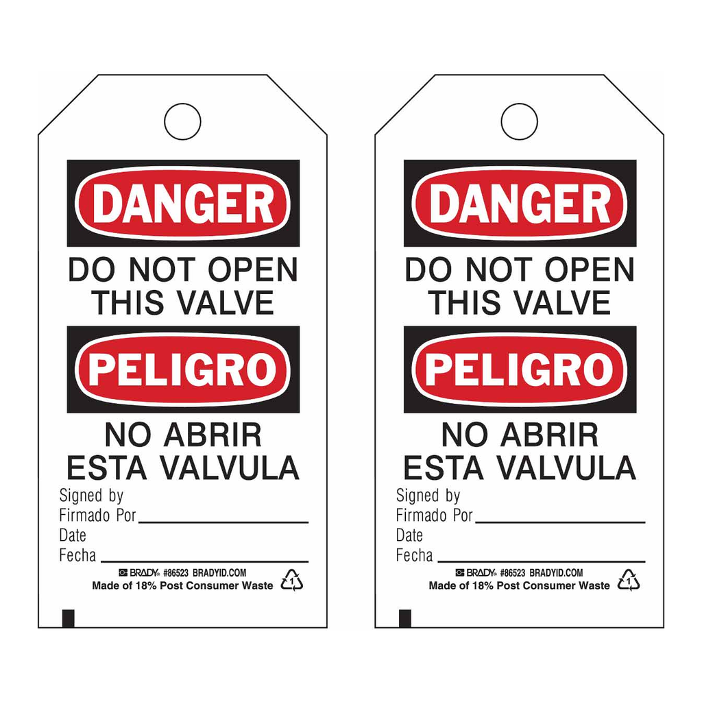 Brady Bilingual Accident Prevention Tags: DANGER Do Not Open This Valve