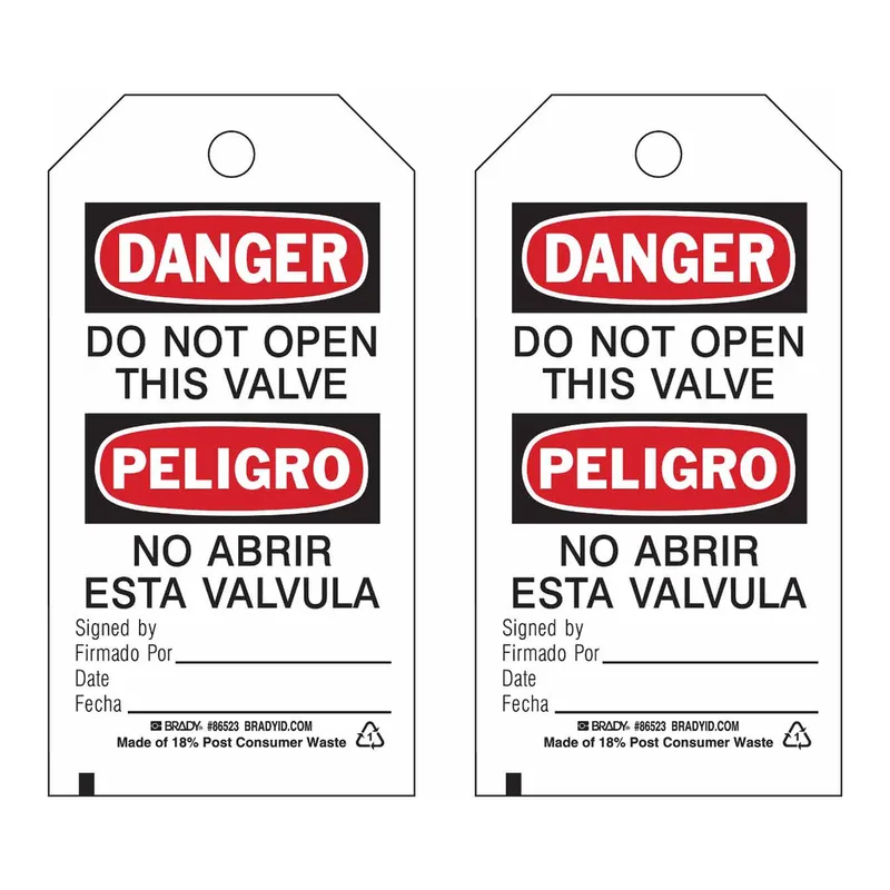 Brady Bilingual Accident Prevention Tags: DANGER Do Not Open This Valve