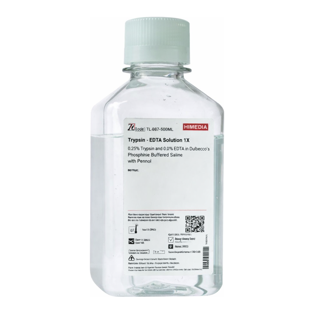 Himedia Trypsin-EDTA Solution 1X w/ 500 BAEE units Porcine trypsin and 180µg EDTA tetrasodium salt per ml in Dulbecco`s Phosphate Buffered Saline w/o Calcium, Magnesium and Phenol red
