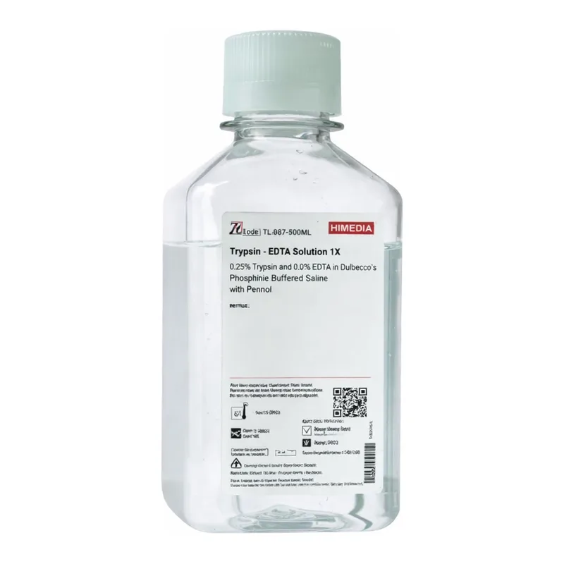 Himedia Trypsin-EDTA Solution 1X w/ 500 BAEE units Porcine trypsin and 180µg EDTA tetrasodium salt per ml in Dulbecco`s Phosphate Buffered Saline w/o Calcium, Magnesium and Phenol red
