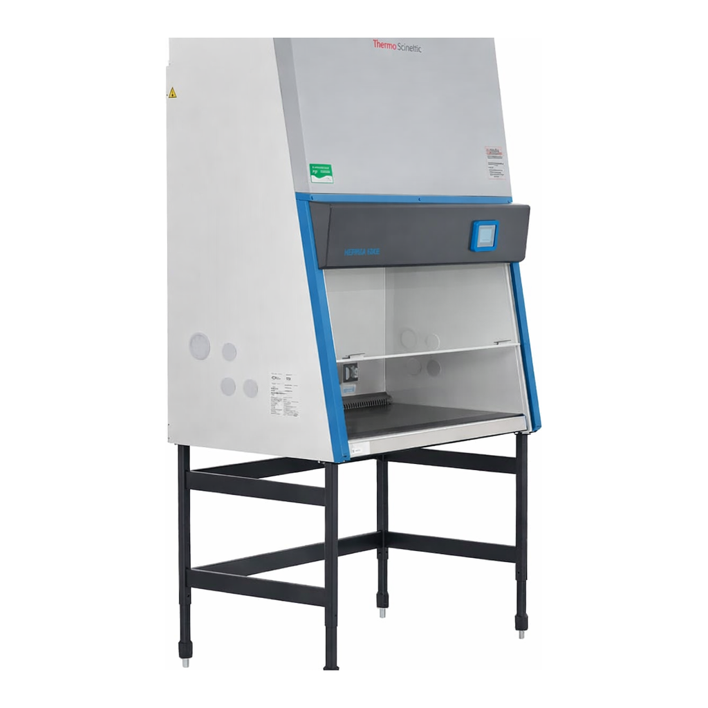 Thermo Fisher Scientific 1500 Series A2 BSC; 6 ft, inc stainless steel interior, manual adjustable height stand, factory installed UV light and one set of armrests. 10in.  window, 230V. NSF certified. Korea electrical configuration.