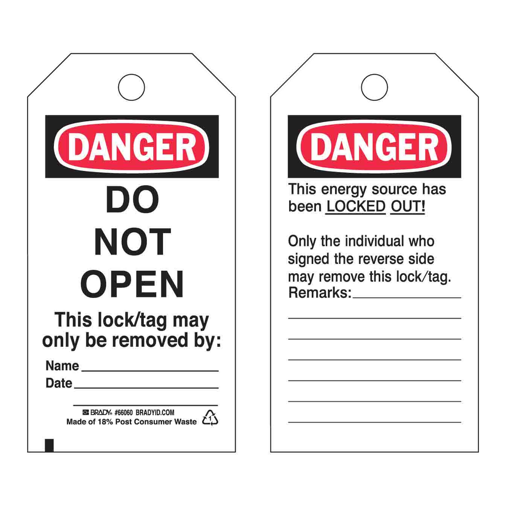 Brady DANGER Do Not Open Lockout Tagout Tags