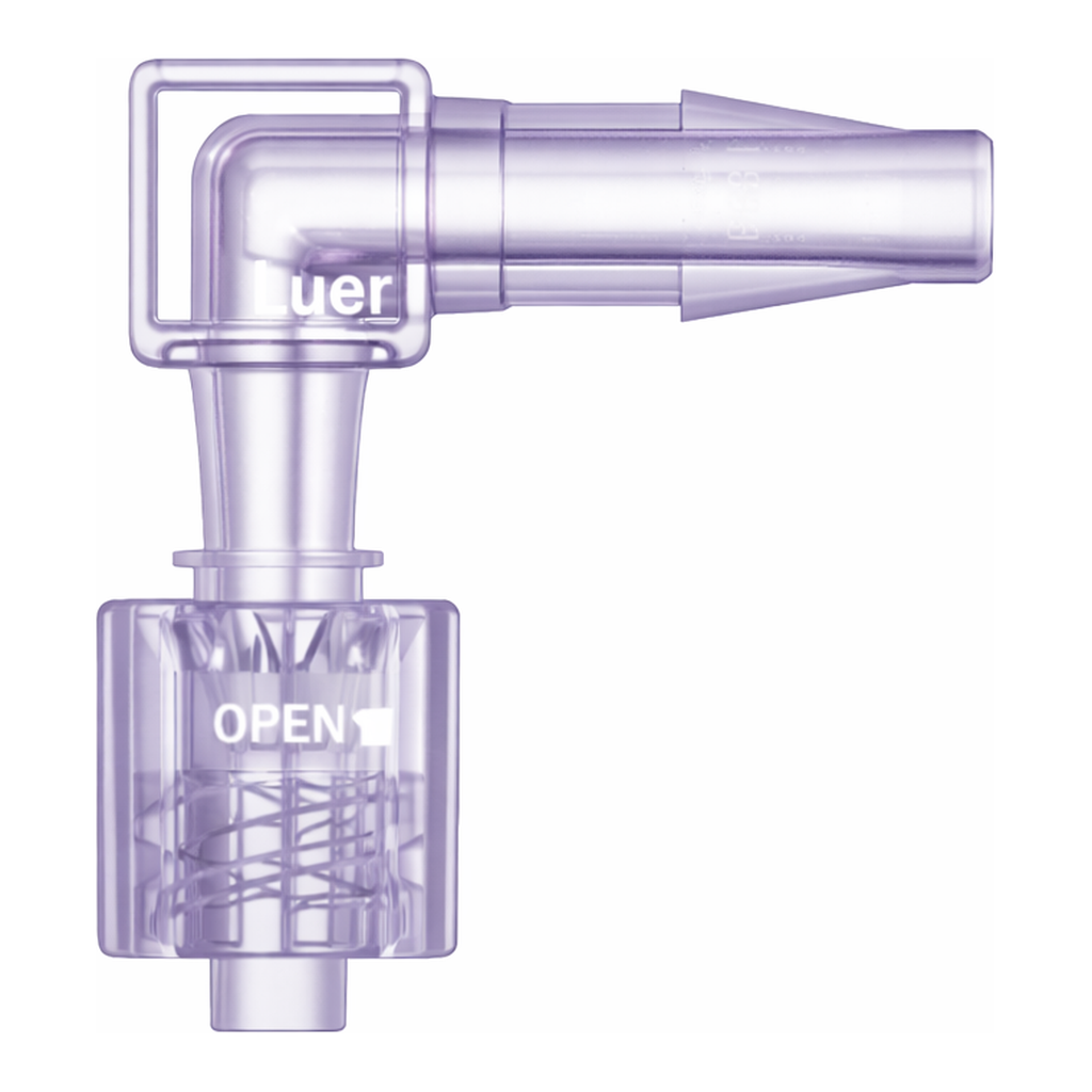 Male Luer Elbow to 3/16" Classic Series Barb, Gamma Stable Polycarbonate with Gamma Stable Polycarbonate Rotating Lock Ring