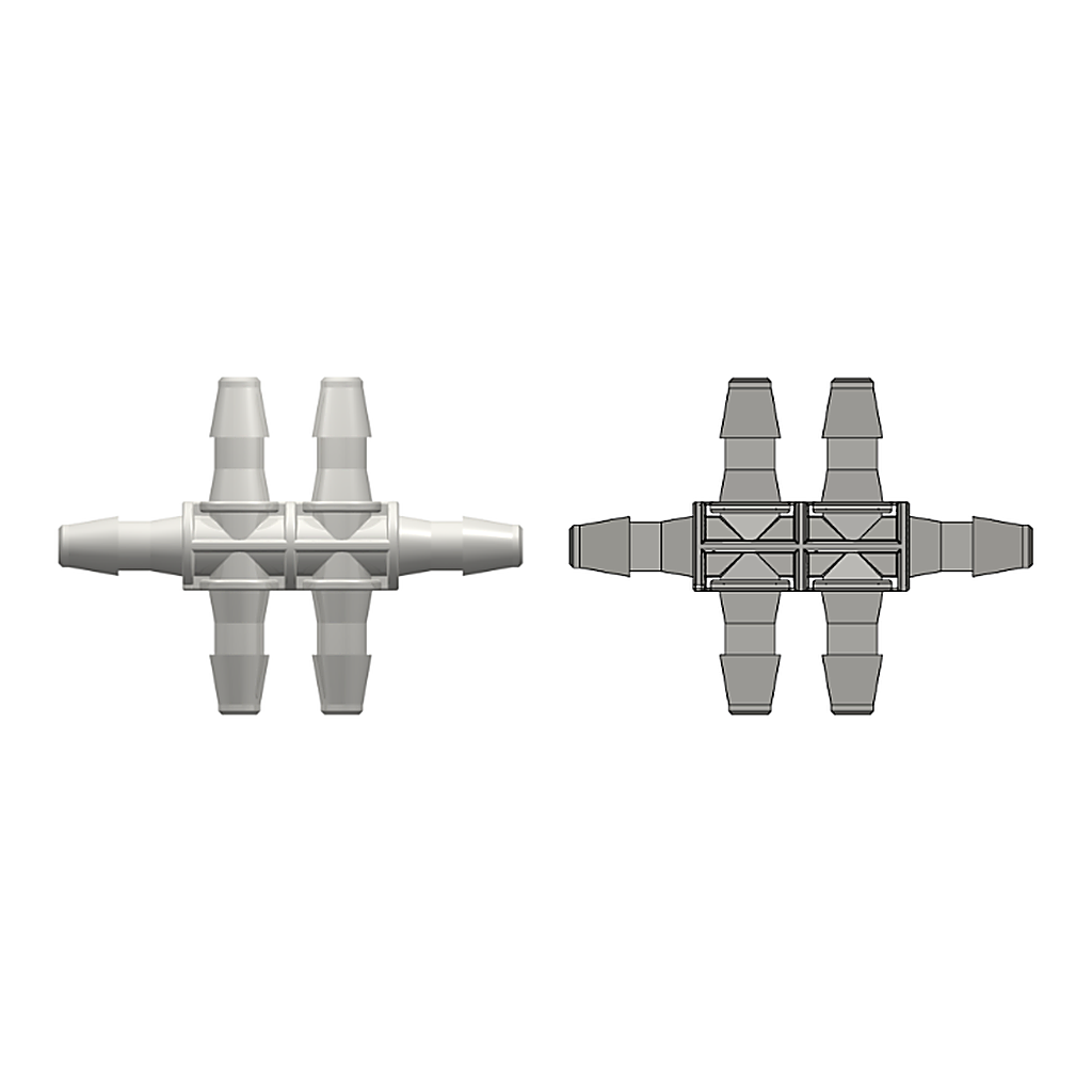 Six-port Thru Flow Double T Style Manifold with 200 Series Barbs for 1/8` (3.2 mm) ID Tubing