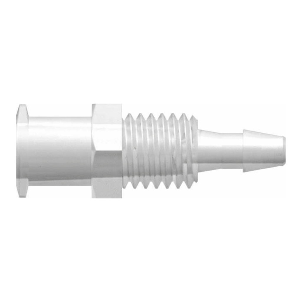 Female Luer Lug Style Panel Mount 1/4-28 UNF to 200 Series Barb, 3/32` (2.4 mm) ID Tubing