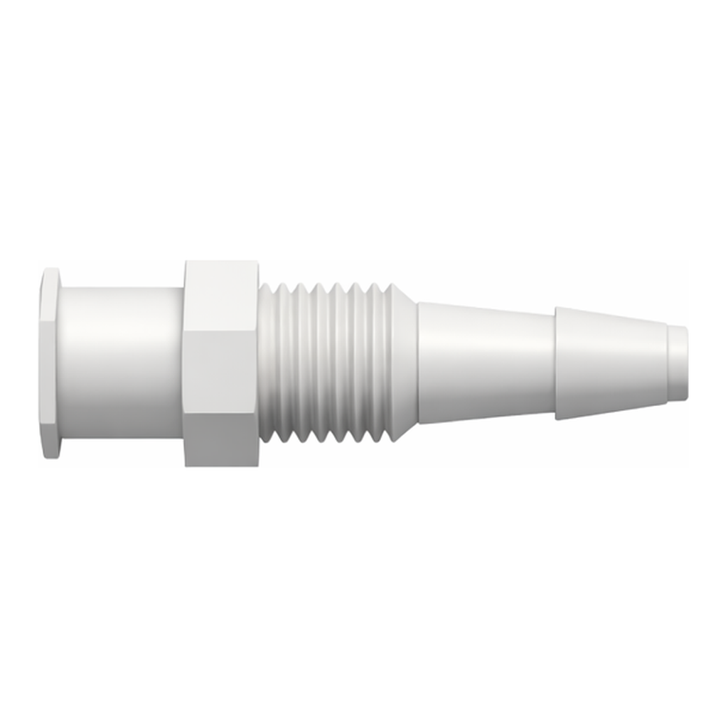 Female Luer Lug Style Panel Mount 1/4-28 UNF to 200 Series Barb, 1/8` (3.2 mm) ID Tubing
