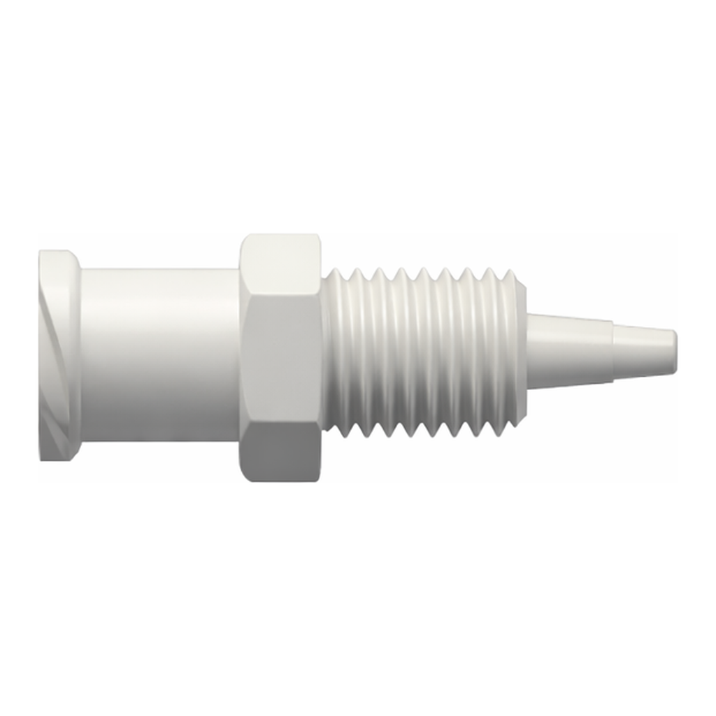 Female Luer Thread Style Panel Mount 1/4-28 UNF to 200 Series Barb, 1/16` (1.6 mm) ID Tubing