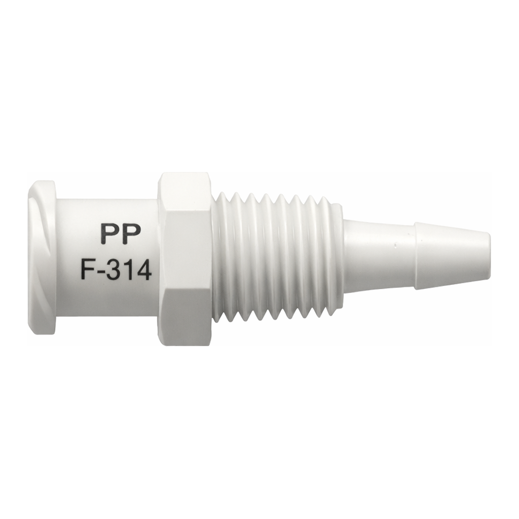 Female Luer Thread Style Panel Mount 1/4-28 UNF to 200 Series Barb, 3/32` (2.4 mm) ID Tubing
