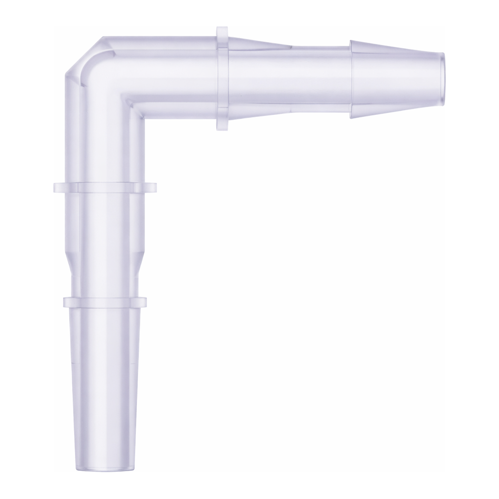 Male Luer to 200 Series Barb Elbow, 1/8` (3.2 mm) ID Tubing (May be used with separate rotating lock ring; FSLLR)