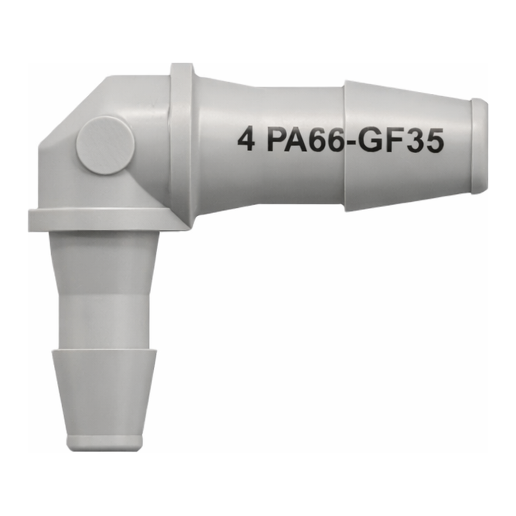 Elbow Reduction Tube Fitting with 200 Series Barbs, 1/8` (3.2 mm) and 3/32` (2.4 mm) ID Tubing