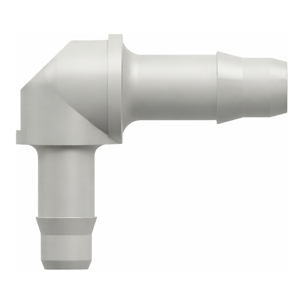 Elbow Reduction Tube Fitting with 400 Series Barbs, 1/8` (3.2 mm) and 3/32` (2.4 mm) ID Tubing