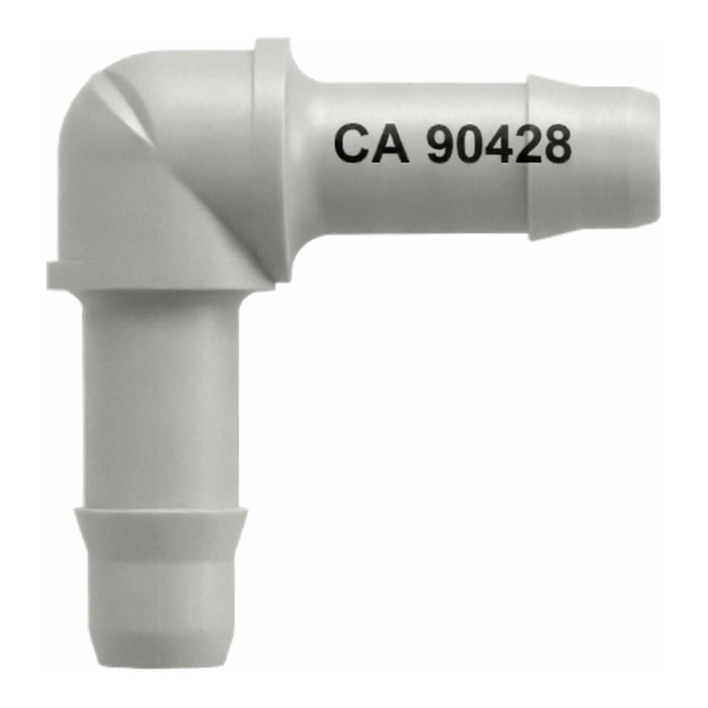 Elbow Tube Fitting with 400 Series Barbs, 1/16` (1.6 mm) ID Tubing