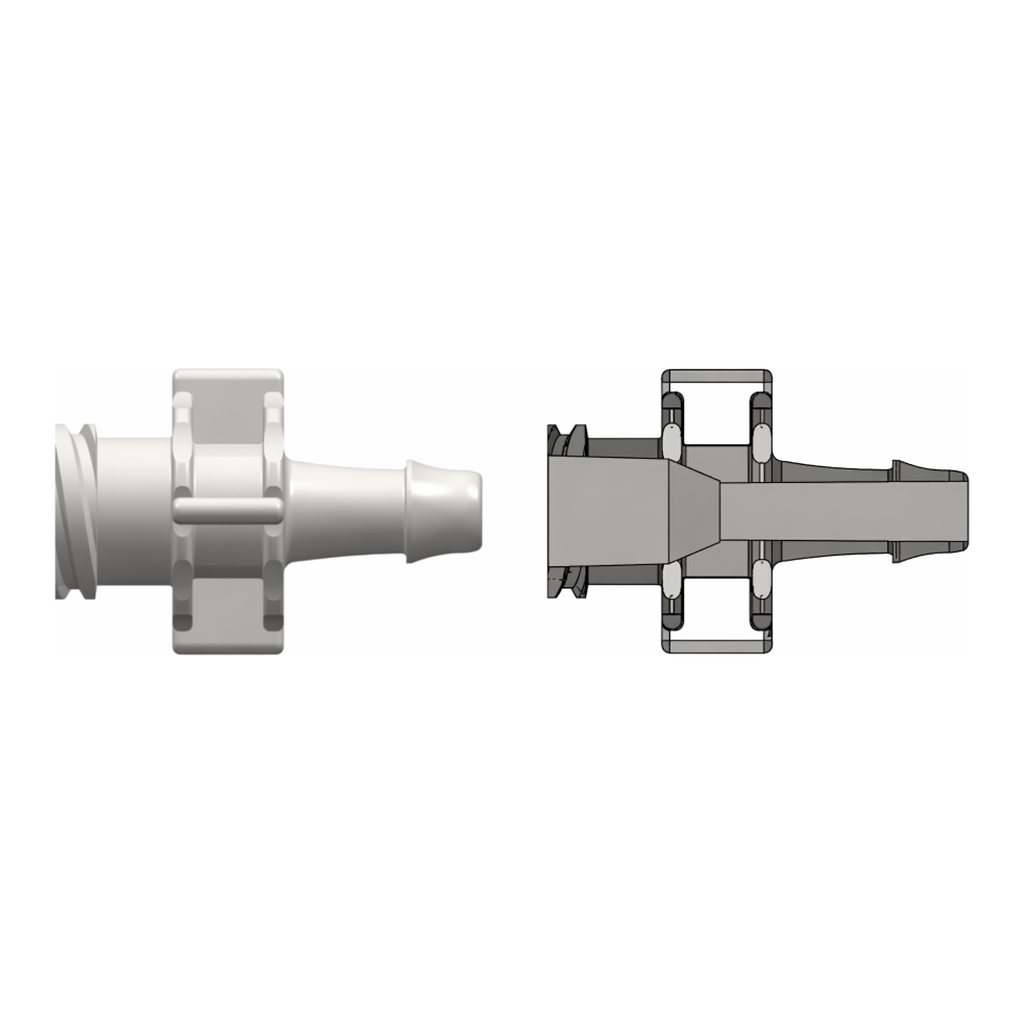 Female Large Bore Connector to 500 Series Barb, 3/16` (4.8 mm) ID Tubing