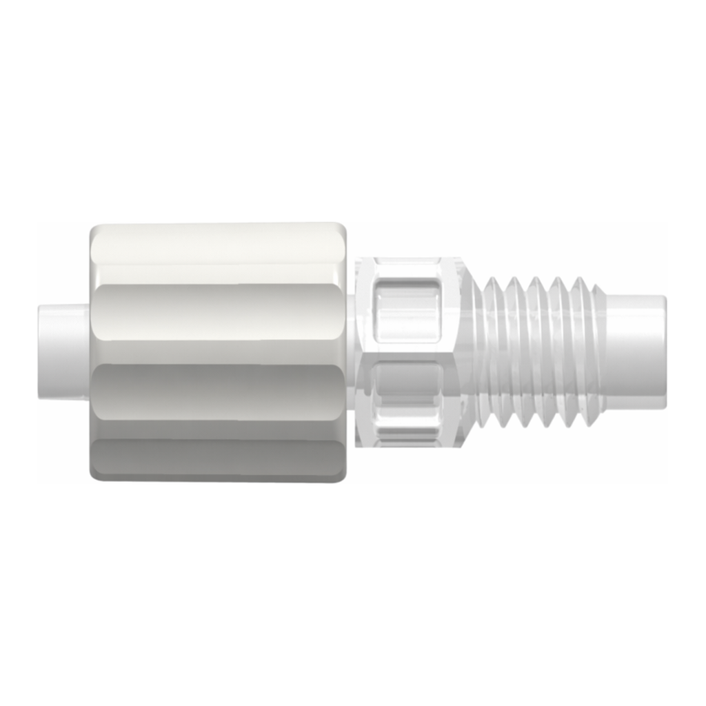 Male Luer with Rotating Lock Ring and 5/16` Hex to 1/4-28 UNF Bottom Sealing Thread over Animal-Free Polypropylene