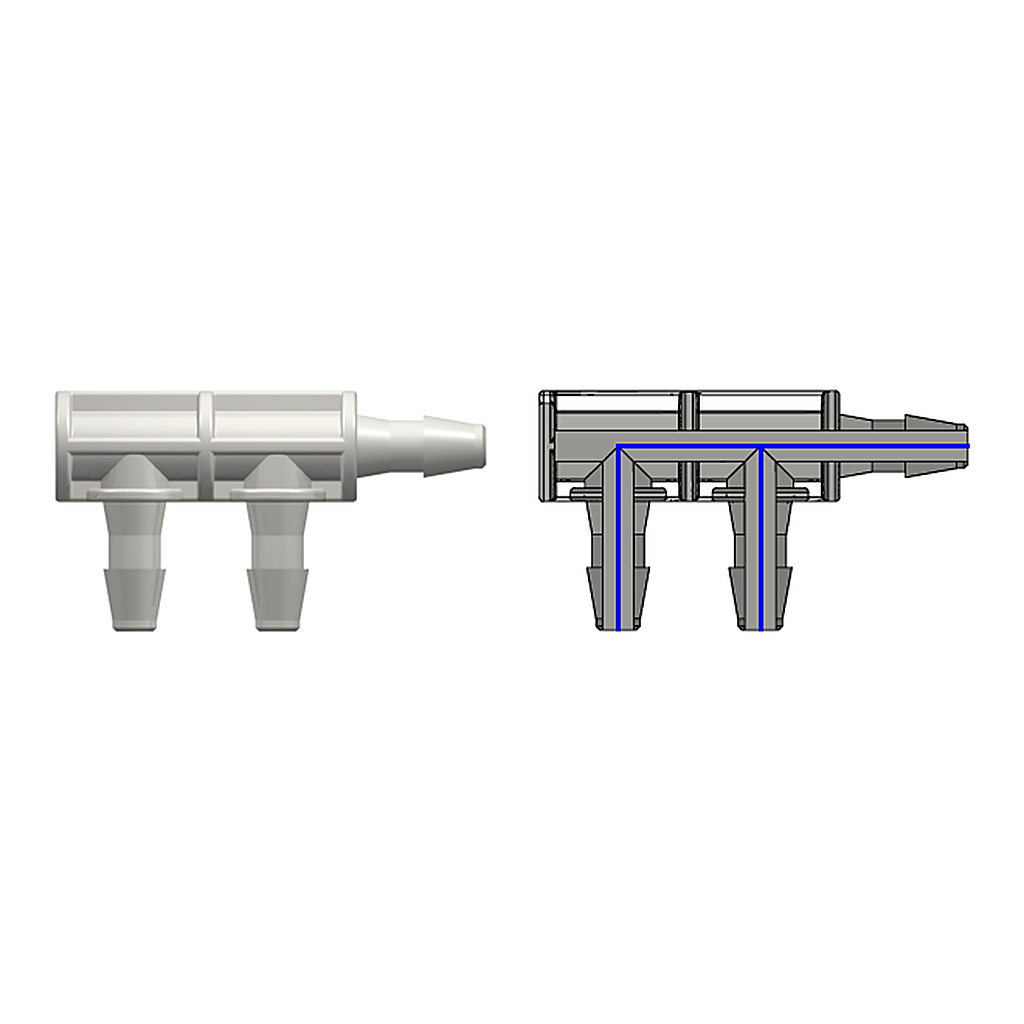 Three-port F Style Manifold with 200 Series Barbs for 3/32` (2.4 mm) ID Tubing
