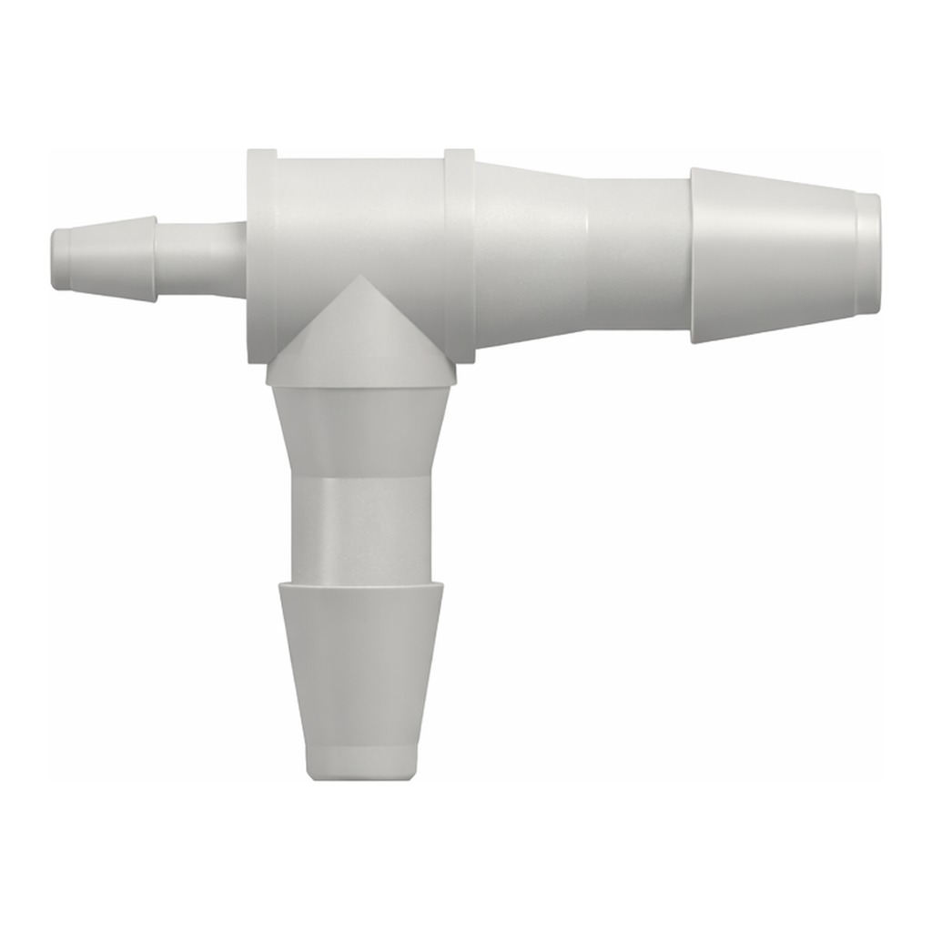 Tee Reduction Tube Fitting with 200 Series Barbs, 1/8` (3.2 mm) and 1/16` (1.6 mm) ID Tubing