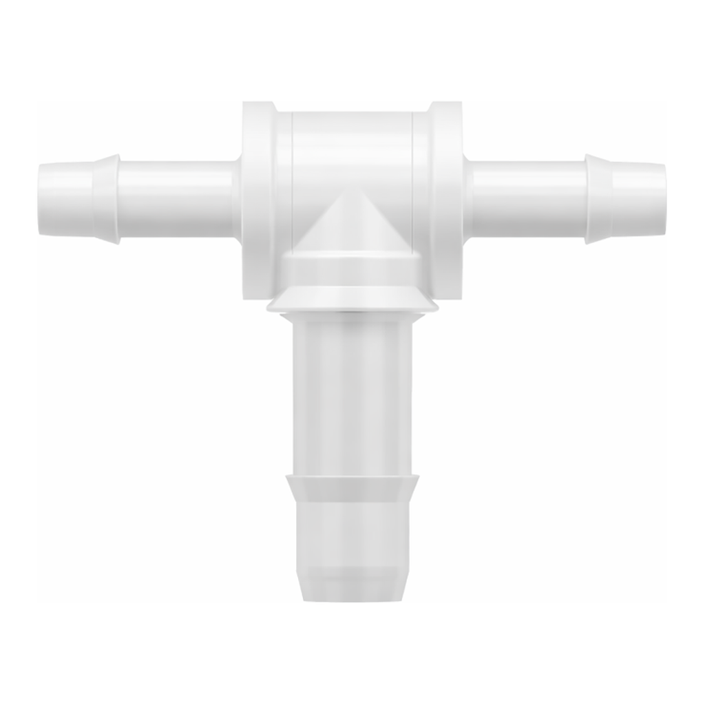 Tee Reduction Tube Fitting with 400 Series Barbs, 1/16` (1.6 mm) and 3/32` (2.4 mm) ID Tubing