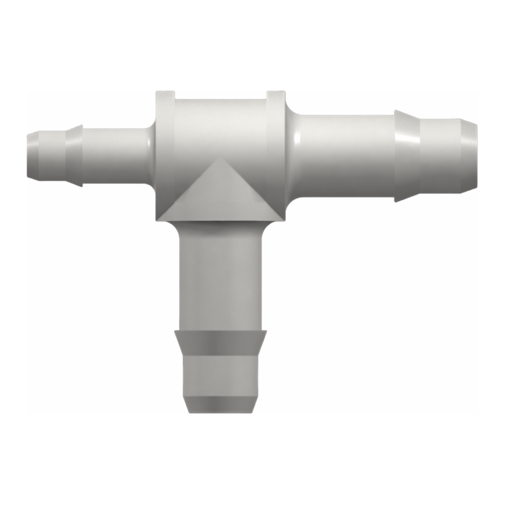 Tee Reduction Tube Fitting with 400 Series Barbs, 3/32` (2.4 mm) and 1/16` (1.6 mm) ID Tubing