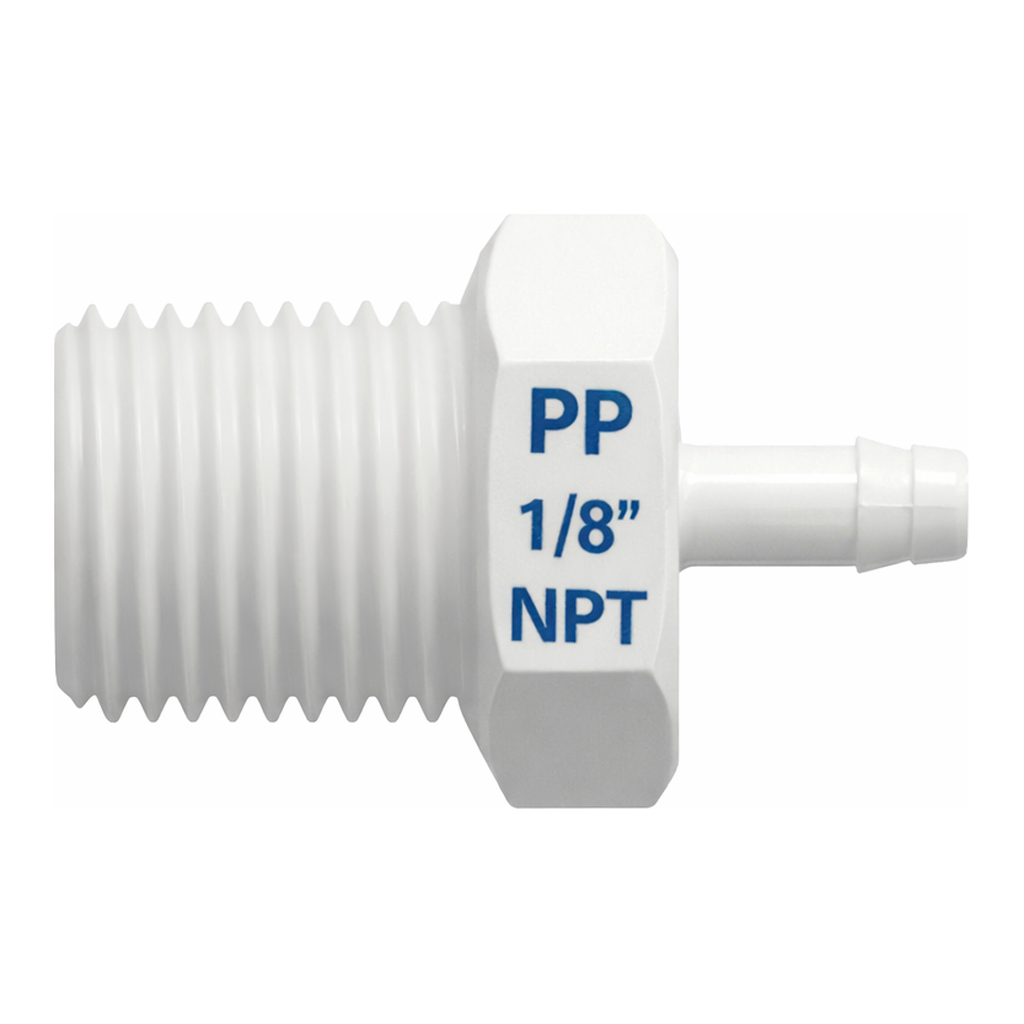 1/8-27 NPT Thread with 7/16` Hex to 400 Series Barb, 3/32` (2.4 mm) ID Tubing