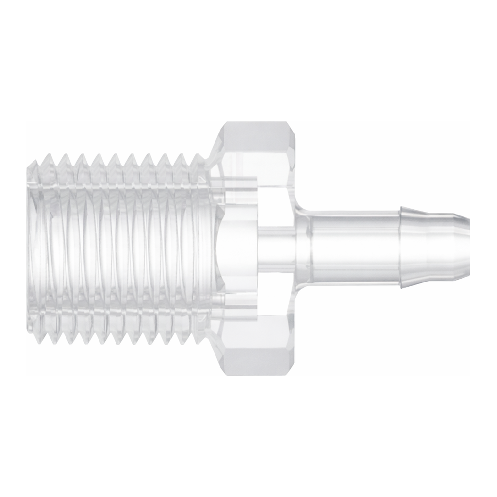 1/8-27 NPT Thread with 7/16` Hex to 400 Series Barb, 1/8` (3.2 mm) ID Tubing