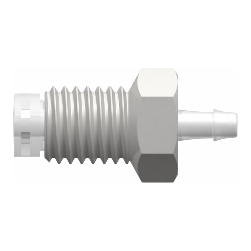 1/4-28 UNF Bottom Sealing Rotating Thread with 5/16` Hex to 500 Series Barb, 1/16` (1.6 mm) ID Tubing over Animal-Free Polypropylene