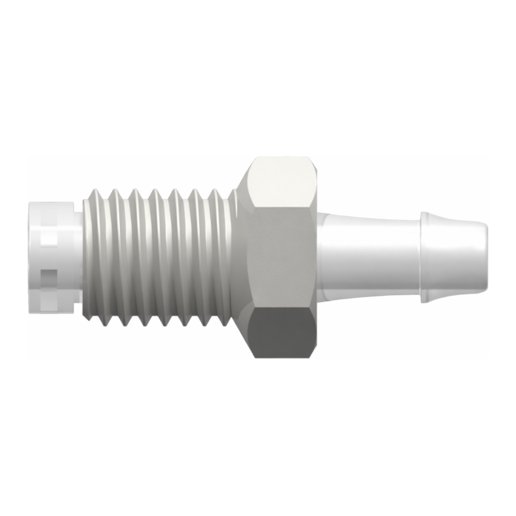 1/4-28 UNF Bottom Sealing Rotating Thread with 5/16` Hex to 500 Series Barb, 1/8` (3.2 mm) ID Tubing over Animal-Free Polypropylene