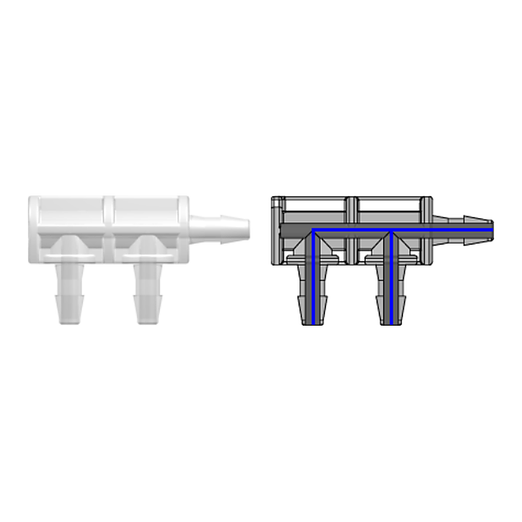 Three-port F Style Manifold with 200 Series Barbs for 1/16` (1.6 mm) ID Tubing