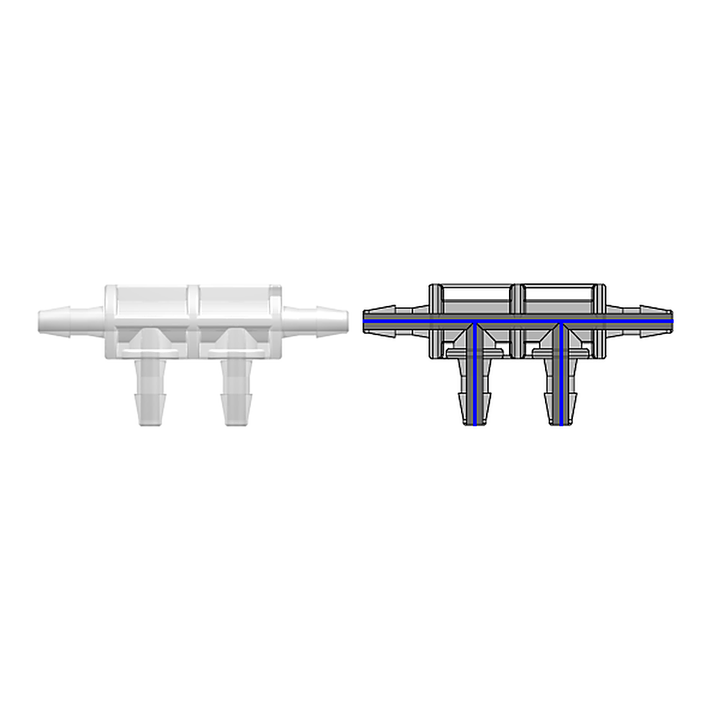 Four-port Thru Flow Double Elbow Style Manifold with 200 Series Barbs for 1/16` (1.6 mm) ID Tubing
